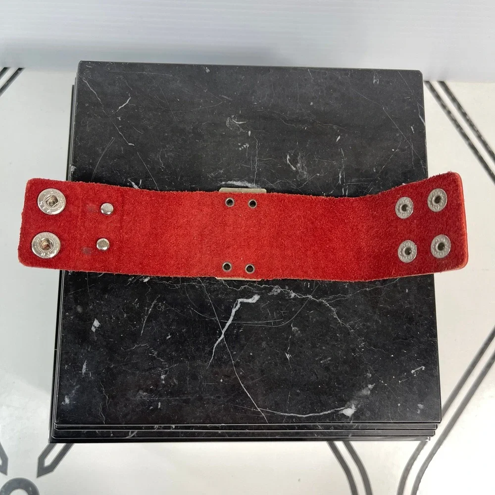 Plunder Red Leather Cuff Bracelet with P‎ Initial Metal Accent Snap Closure